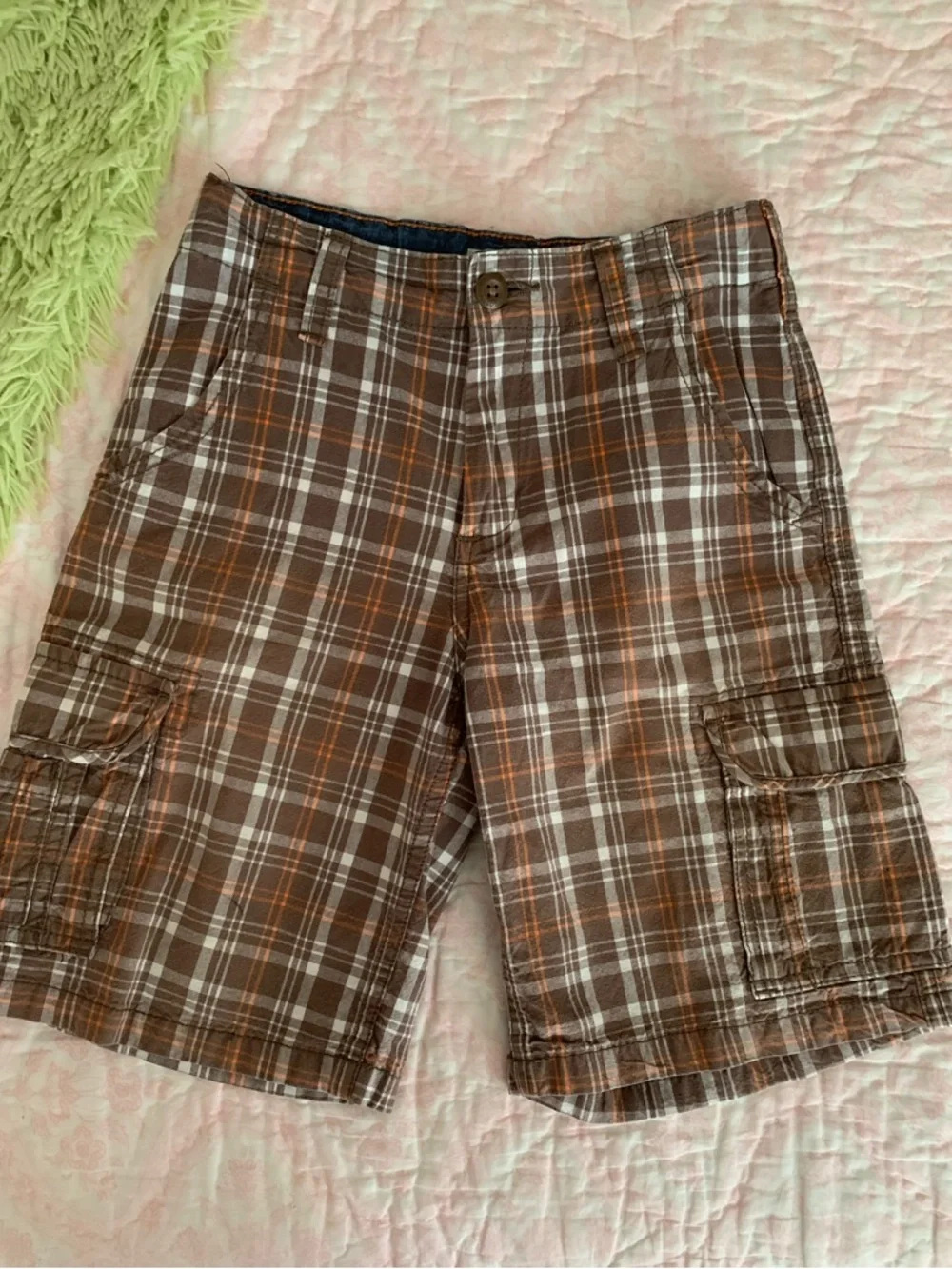 OshKosh B'Gosh Shorts Boys 7X Brown Plaid Cargo Flat Front Pockets Adjustable